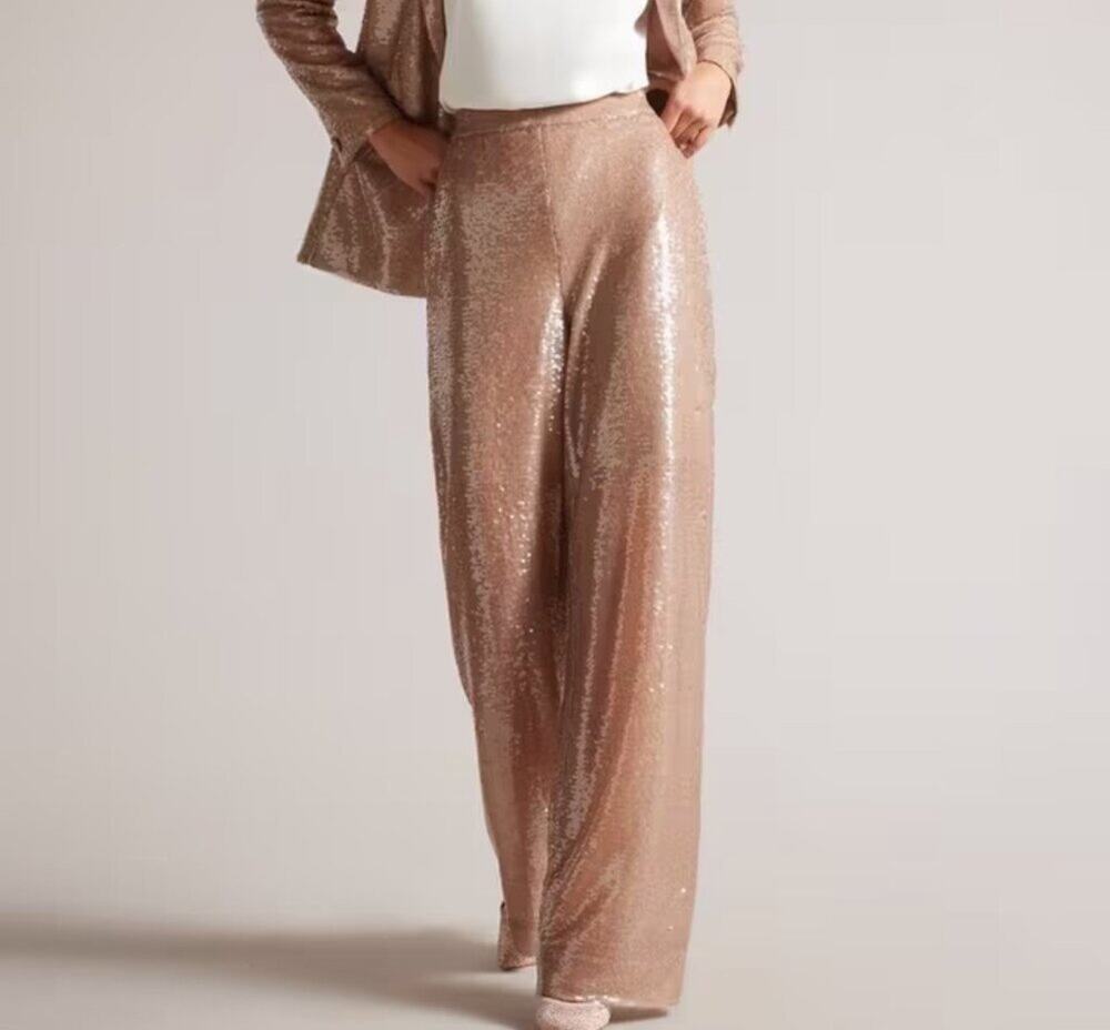 NWT $325 Ted Baker Milleit Wide Leg Trouser Sparkle Pale Pink Size 0